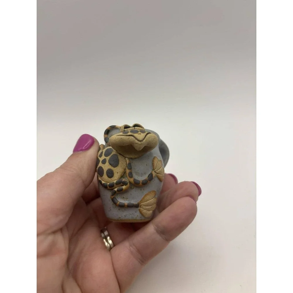Vintage Ray & Tami Bier Pottery Charlevoix MI Folk Art Frog on Miniature Pitcher